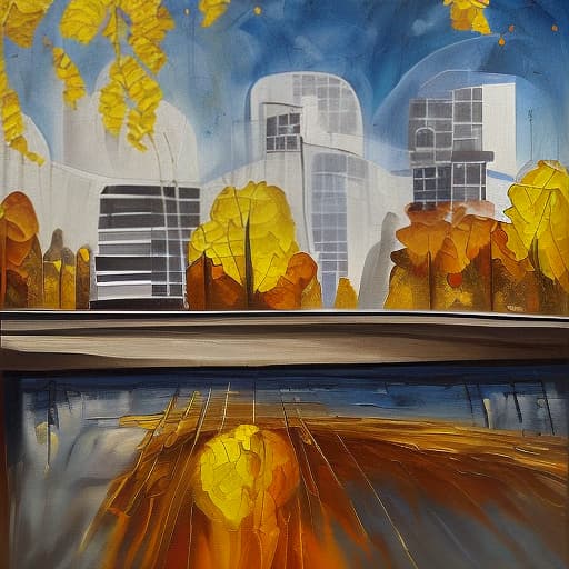 dvarchmodern (painting abstract, urban landscape, against golden autumn and disturbing sky fall foliage:1.5). high detail, high resolution, high definition.