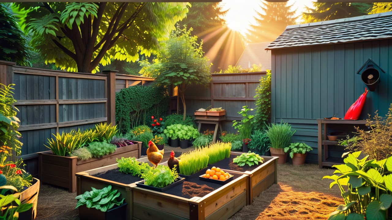  a cozy urban backyard filled with raised garden beds, vibrant vegetables, and herbs. a rustic compost bin in the corner, surrounded by potted plants and a small chicken coop. warm sunlight filtering through leafy trees. hyperrealistic, full body, detailed clothing, highly detailed, cinematic lighting, stunningly beautiful, intricate, sharp focus, f/1. 8, 85mm, (centered image composition), (professionally color graded), ((bright soft diffused light)), volumetric fog, trending on instagram, trending on tumblr, HDR 4K, 8K