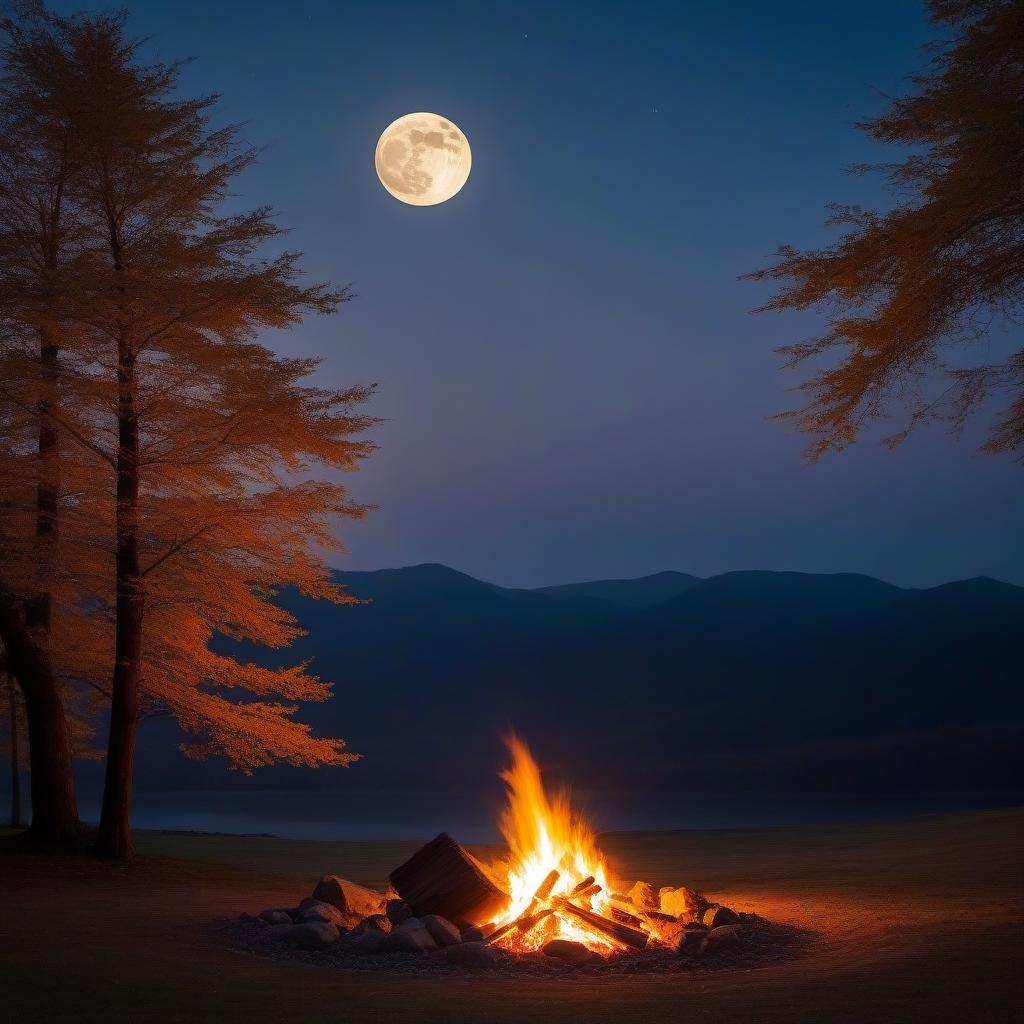  Full moon autumn landscape burning bonfire light sadness