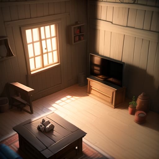  tv in a village house, isometry, wooden house, game screenshot, interior of the house