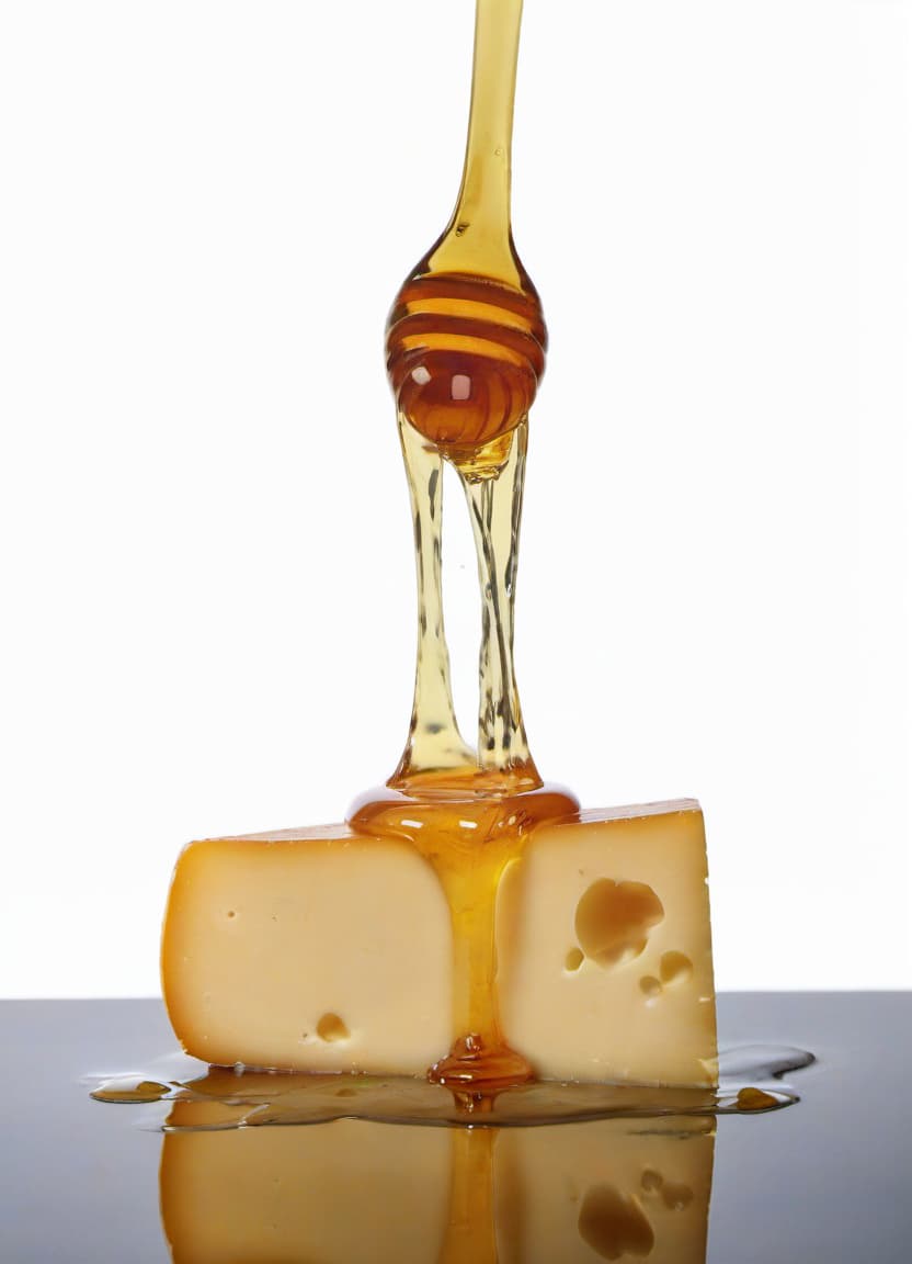  food photography style the cheese is poured with honey beautiful reflection . appetizing, professional, culinary, high resolution, commercial, highly detailed, film photography style