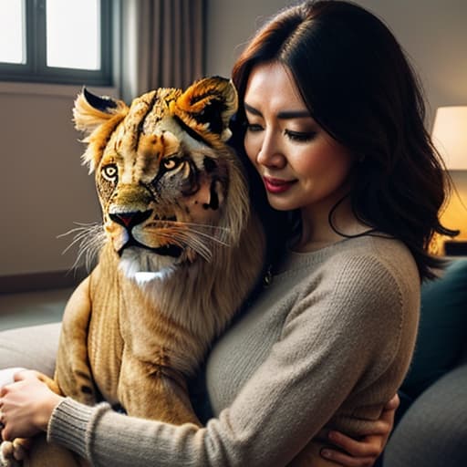  a big cat hugs a cute girl in the living room,lion,mount fuji hyperrealistic, full body, detailed clothing, highly detailed, cinematic lighting, stunningly beautiful, intricate, sharp focus, f/1. 8, 85mm, (centered image composition), (professionally color graded), ((bright soft diffused light)), volumetric fog, trending on instagram, trending on tumblr, HDR 4K, 8K