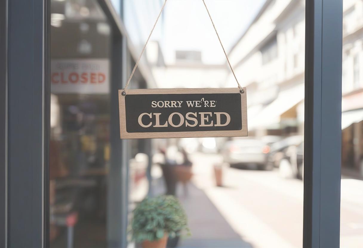  sorry we're closed on the glass door of the store, white background at sunny noon