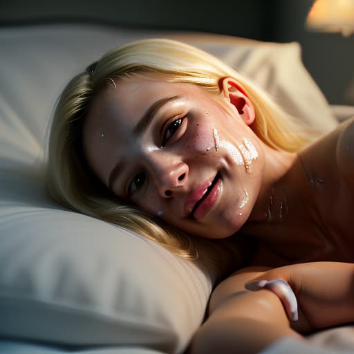  photorealistic, photorealism, best quality, cinematic light, (1 :1.3), , , lie on bed, small s,, her lips, neck and s is covered in white milky slime, dark bedroom, athletic body, blonde hair, photorealistic, hyperrealistic, hyperdetailed, analog style, demure, detailed skin, pores, smirk, smiling eyes, matte skin, soft lighting, subsurface scattering, realistic, heavy shadow, masterpiece, best quality, ultra realistic, 8k, golden ratio, intricate, high detail, film photography, soft focus