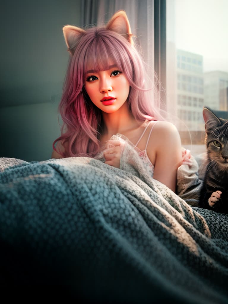  color film photograph,8k, raw photo, (film grain:1.0), (floating dust particle:1.2), award winning photo, 50mm, on focus, spotlight, rim light, masterpiece, the best quality, a girl, beautiful detail eyes, looking at the audience, upper body, pink hair, shy, cat's ears (steamed cat ear shaped bread), very detailed, high resolution, clear, clear images hyperrealistic, full body, detailed clothing, highly detailed, cinematic lighting, stunningly beautiful, intricate, sharp focus, f/1. 8, 85mm, (centered image composition), (professionally color graded), ((bright soft diffused light)), volumetric fog, trending on instagram, trending on tumblr, HDR 4K, 8K