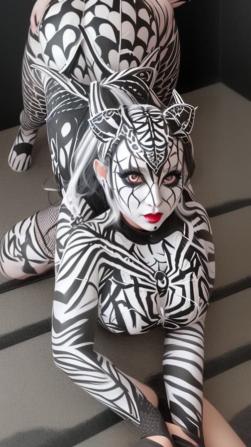  Black and White Spider-patterned body paint in every corner of the whole body, full-body, silver body paint,Silver face paint on the face,Two succubuses 女性