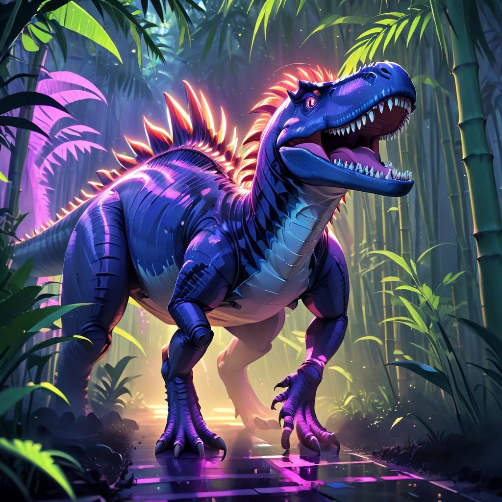  anime artwork dinosaur spinosaurus in the background bamboo all in neon purple . anime style, key visual, vibrant, studio anime, highly detailed, glowneon, t shirt design