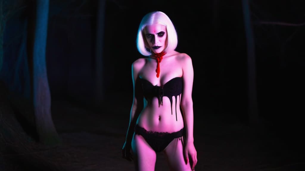  ,6 age girls,full body shot portrait horrifying scary evil undead pale medium white hair ,nosferatu,full white eyes, standing,black lips, black dripping eyeshadow scars body tattoos ,in pink cotton with red trim and bulge in crotch pink 