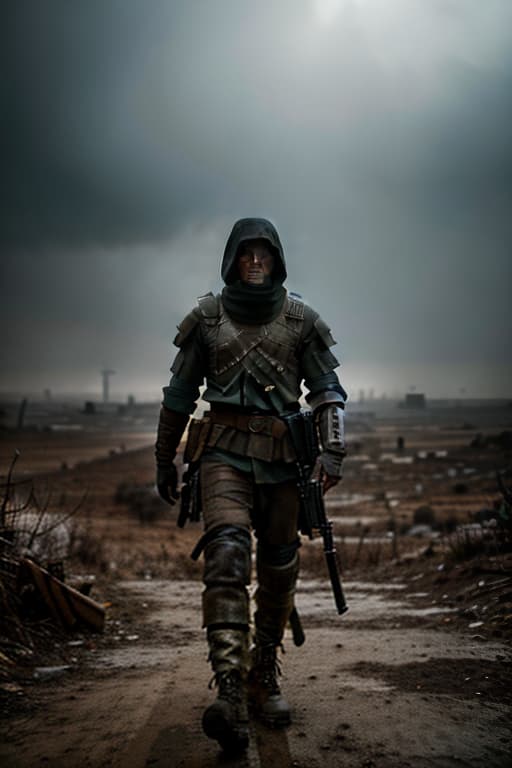  post apocalyptic style, dark atmosphere, wasteland, several soldiers fight fiercely against bandits, threat, brutality hyperrealistic, full body, detailed clothing, highly detailed, cinematic lighting, stunningly beautiful, intricate, sharp focus, f/1. 8, 85mm, (centered image composition), (professionally color graded), ((bright soft diffused light)), volumetric fog, trending on instagram, trending on tumblr, HDR 4K, 8K