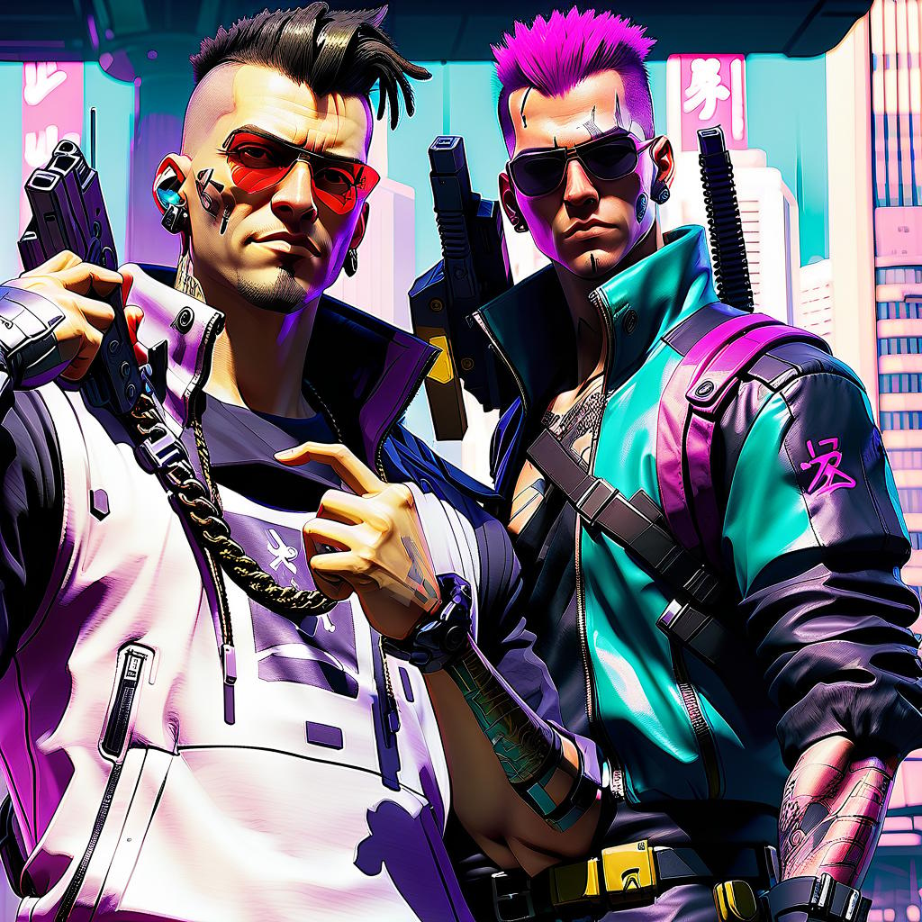  concept art in the cyberpunk style, two guys pose with weapons, dressed in cyberpunk clothes, "vi" and "johnny silver hand", both from the game "cyberpunk 2077", military style, military equipment on clothes, against the background of the arasaka tower . digital artwork, illustrative, painterly, matte painting, highly detailed