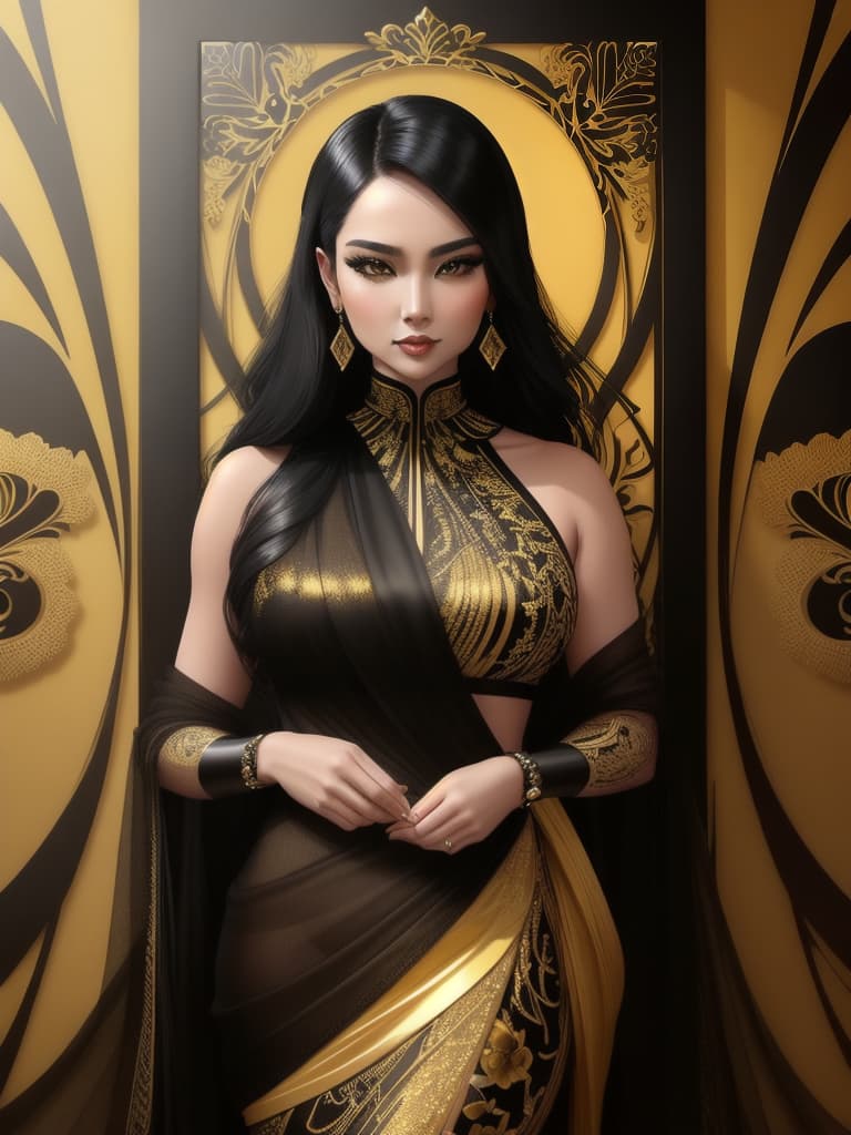  Golden yellow and sleek black color palette, captivating and inviting expression, exuding elegance and charm, magnetic beauty, intricate details, high contrast, luxurious feel, digital art, female, glossy finish, striking composition, dynamic lighting to enhance features.