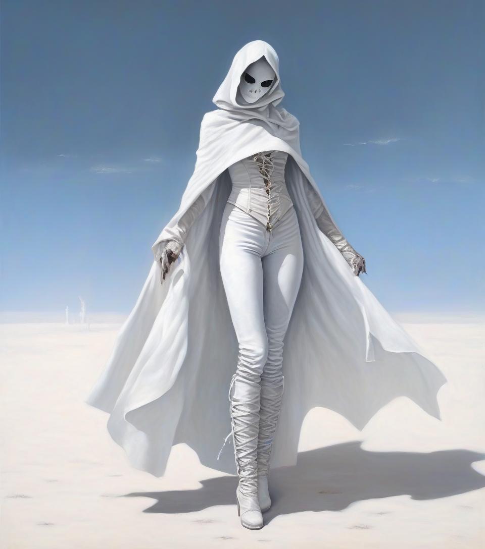  macabre style dark fantasy. a very thin girl in a white scarf mask on her face, in a leather white open corset, in leather pants, in white wrists, in an openwork cloak in a large hole. . dark, gothic, grim, haunting, highly detailed, hkmagic, oil painting