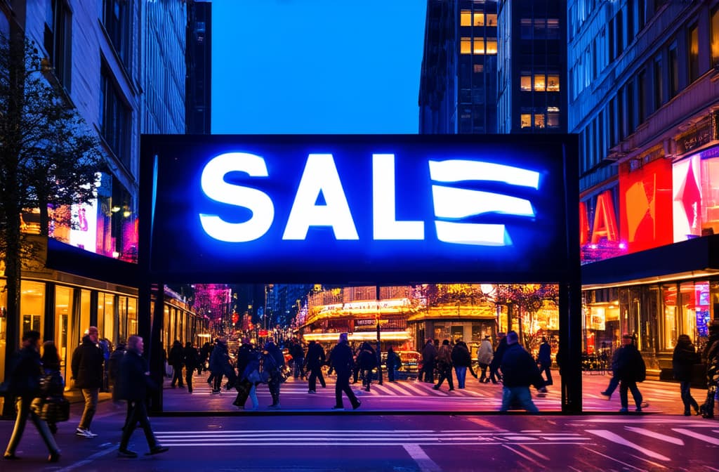  neon sign showing "sale" on city street with pedestrians ar 3:2 {prompt}, maximum details