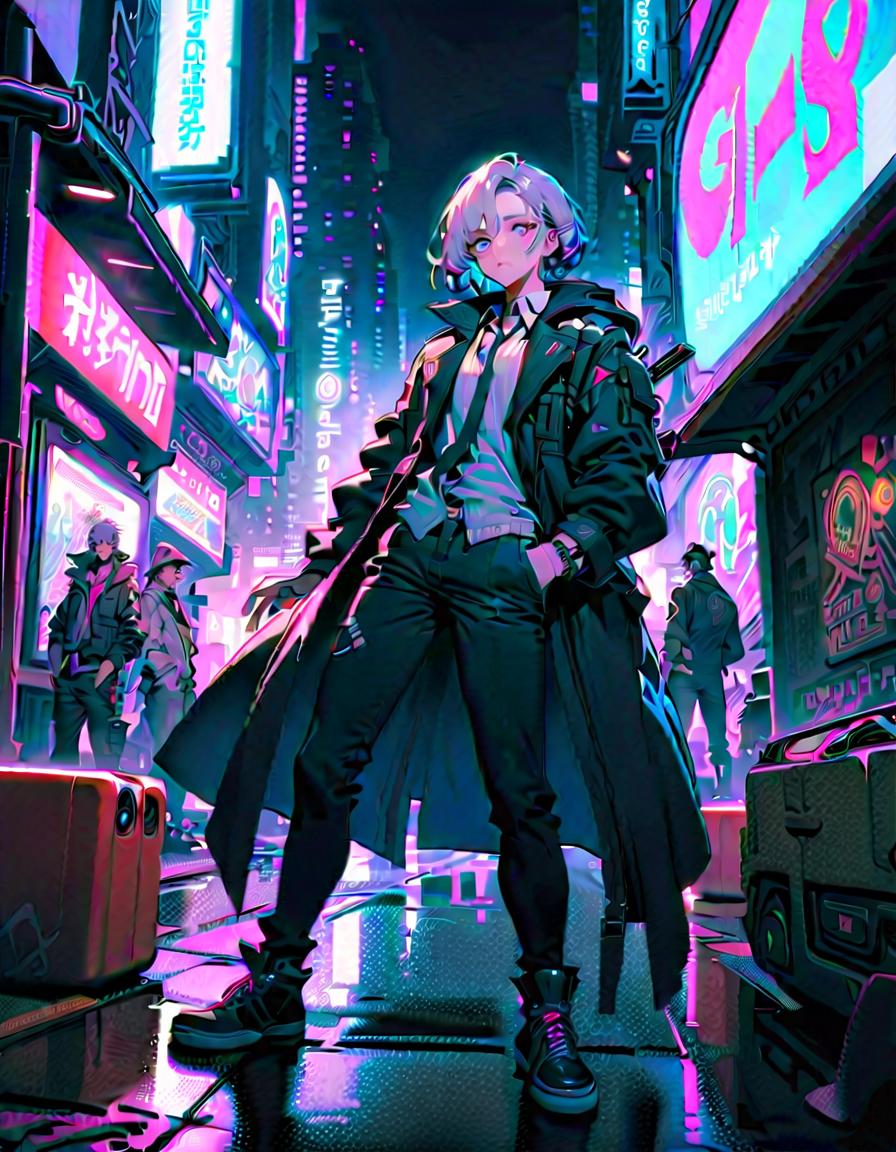  stylish, 20s, handsome, male, posing with a weapon, confident, break cyberpunk cityscape and a stylish young man with a weapon, neon lit cyberpunk city street, graffiti, holographic signs, futuristic vehicles, street vendors, break vibrant, bustling, and futuristic, colorful, dynamic, neon lighting, futuristic effects, art by mooncryptowow