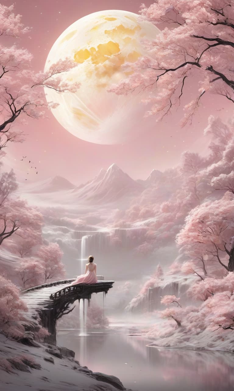  concept art pink, gold, black, white moonlight . digital artwork, illustrative, painterly, matte painting, highly detailed, perfect hands