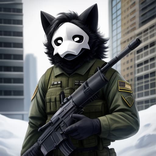  Puro, Urban military cammo uniform, fluffy tail, HECU Marines, fluffy, brown, snow eviroment, holding a AK-47, military helmet, open eyes, digital art, masterpiece, 4k, fine details,