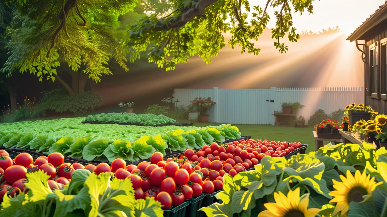  a vibrant backyard scene featuring a small, neatly organized vegetable garden with colorful rows of lettuce, tomatoes, and peppers, bordered by sunflowers, alongside a beginner gardener happily tending to the plants under bright sunlight. hyperrealistic, full body, detailed clothing, highly detailed, cinematic lighting, stunningly beautiful, intricate, sharp focus, f/1. 8, 85mm, (centered image composition), (professionally color graded), ((bright soft diffused light)), volumetric fog, trending on instagram, trending on tumblr, HDR 4K, 8K