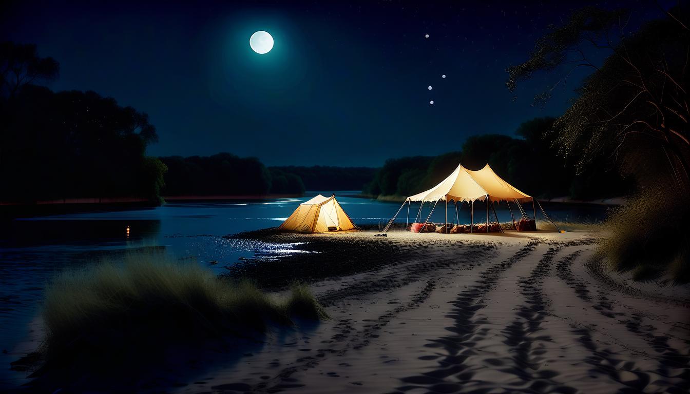  cinematic photo a sandy riverbank, a tent on the shore, a moonlight path on the water, a bridge across the river in the distance . 35mm photograph, film, bokeh, professional, 4k, highly detailed