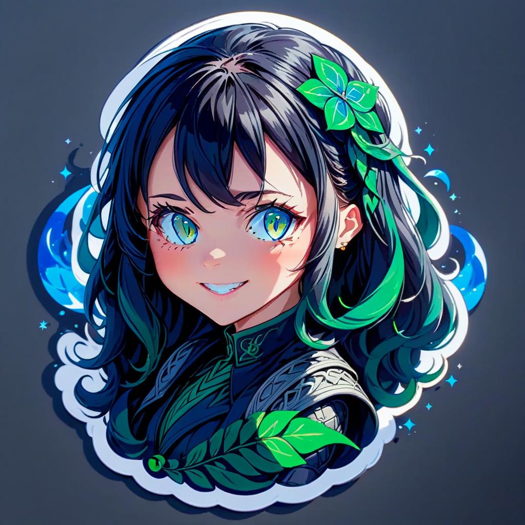  anime artwork girl, long black hair, blue eyes, shape of slytherin. smile, sticker . anime style, key visual, vibrant, studio anime, highly detailed, sticker