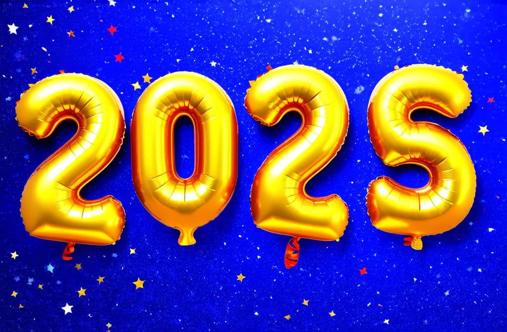  2025 new year monochrome concept. golden numbers foil balloons and glowing stars confetti. ar 3:2 {prompt}, maximum details