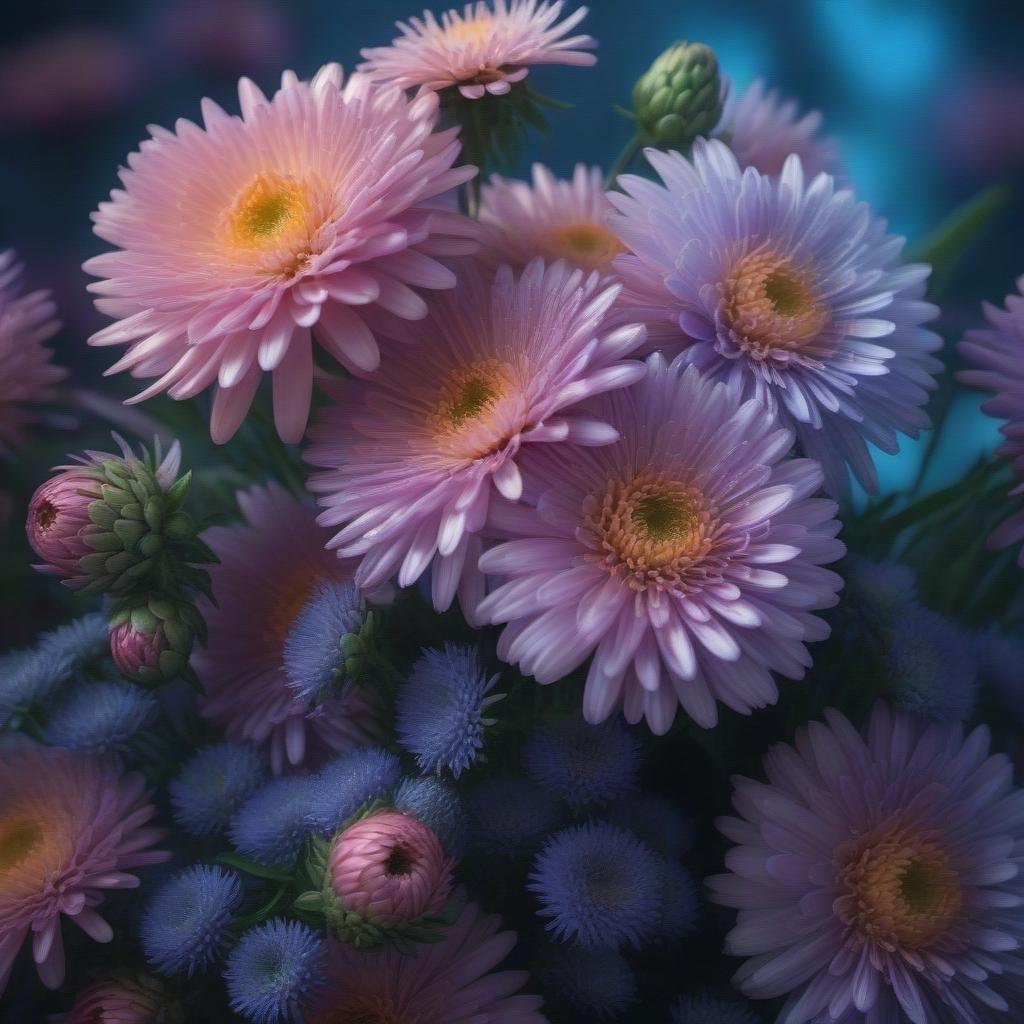  Bouquet of asters hyperrealistic, full body, detailed clothing, highly detailed, cinematic lighting, stunningly beautiful, intricate, sharp focus, f/1. 8, 85mm, (centered image composition), (professionally color graded), ((bright soft diffused light)), volumetric fog, trending on instagram, trending on tumblr, HDR 4K, 8K