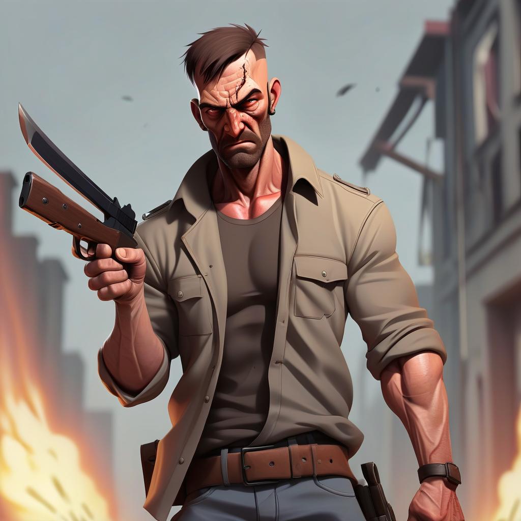  portrait, man, survivor, apocalypse, simple clothes, knife, cabar and gun, comic style