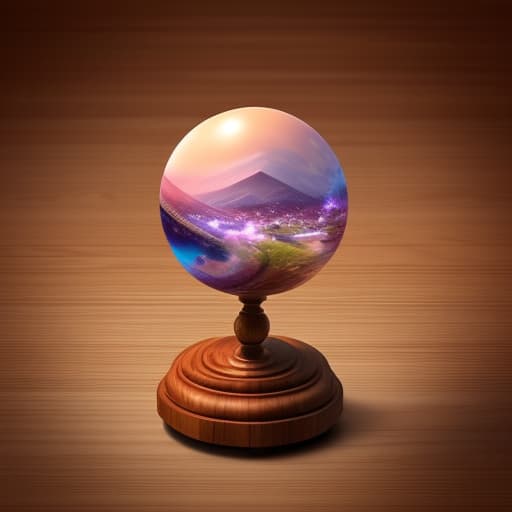  Transparant ball with a dreamscape inside, ball rests on a curved wooden pedestal