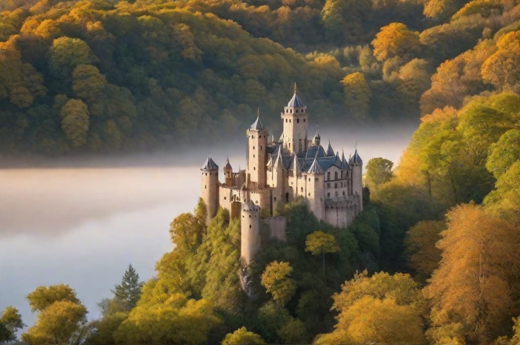  una imagen realista tipo fotografia de un castillo templario; sobre unas rocas; a la orilla de un rio; rodeado de un bosque de encinas; al amanecer hyperrealistic, full body, detailed clothing, highly detailed, cinematic lighting, stunningly beautiful, intricate, sharp focus, f/1. 8, 85mm, (centered image composition), (professionally color graded), ((bright soft diffused light)), volumetric fog, trending on instagram, trending on tumblr, HDR 4K, 8K