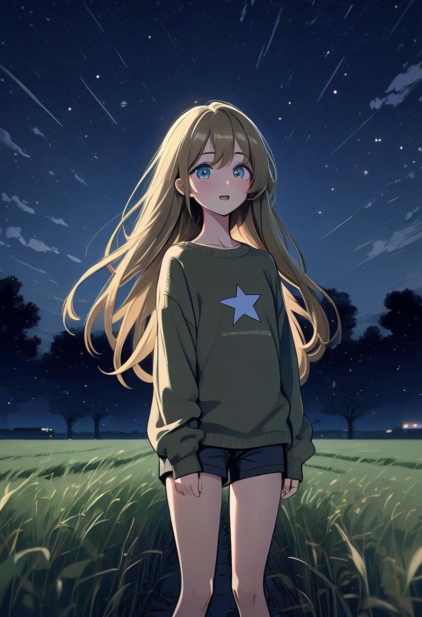  architectural style a girl in anime style with long hair stands in the middle of the field at night wearing a khaki sweater and pants. the girl looks at the starry sky at night, her eyes of a specific color are full of joy from the unknown and curiosity. her face is a little happy. she pulls her hand up towards the night sky. her knee high growth . clean lines, geometric shapes, minimalist, modern, architectural drawing, highly detailed