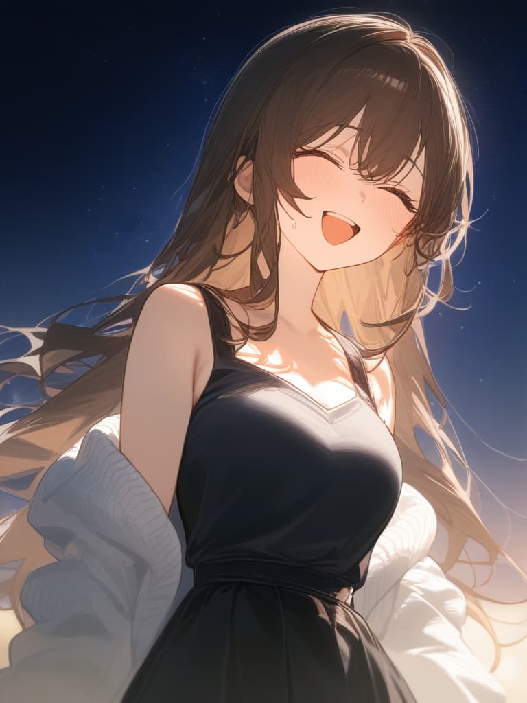  a girl laughing at me, bright brown hair, long hair, transparent ephemeral, black sleeveless dress, white cardigan, whole body facing in front, laughing, laughing, starry sky under the whole body, facing here, my eyes meet me, masterpiece, best quality,8k,ultra detailed,high resolution,an extremely delicate and beautiful,hyper detail