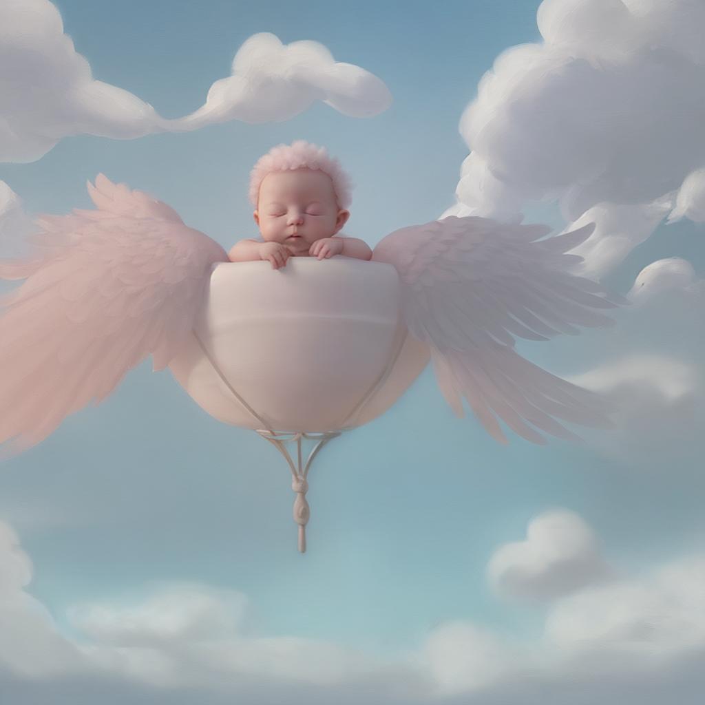  design a soft, pastel colored background with gentle clouds, storks, and floating baby items.