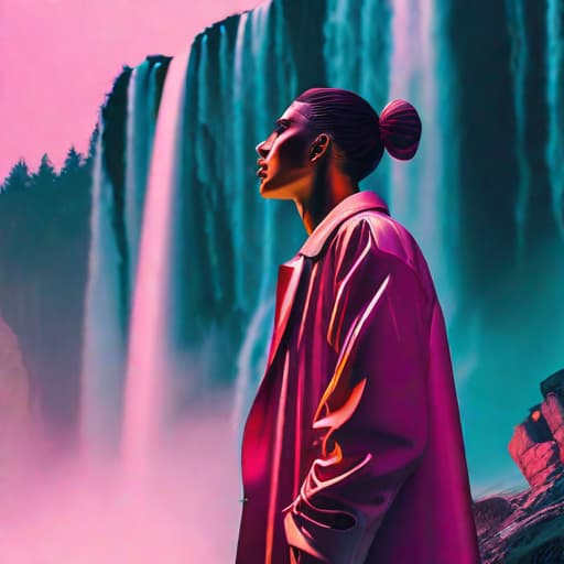  digital illustration, a waterfall, vaporwave, calm, pastel, 8k hyperrealistic, full body, detailed clothing, highly detailed, cinematic lighting, stunningly beautiful, intricate, sharp focus, f/1. 8, 85mm, (centered image composition), (professionally color graded), ((bright soft diffused light)), volumetric fog, trending on instagram, trending on tumblr, HDR 4K, 8K