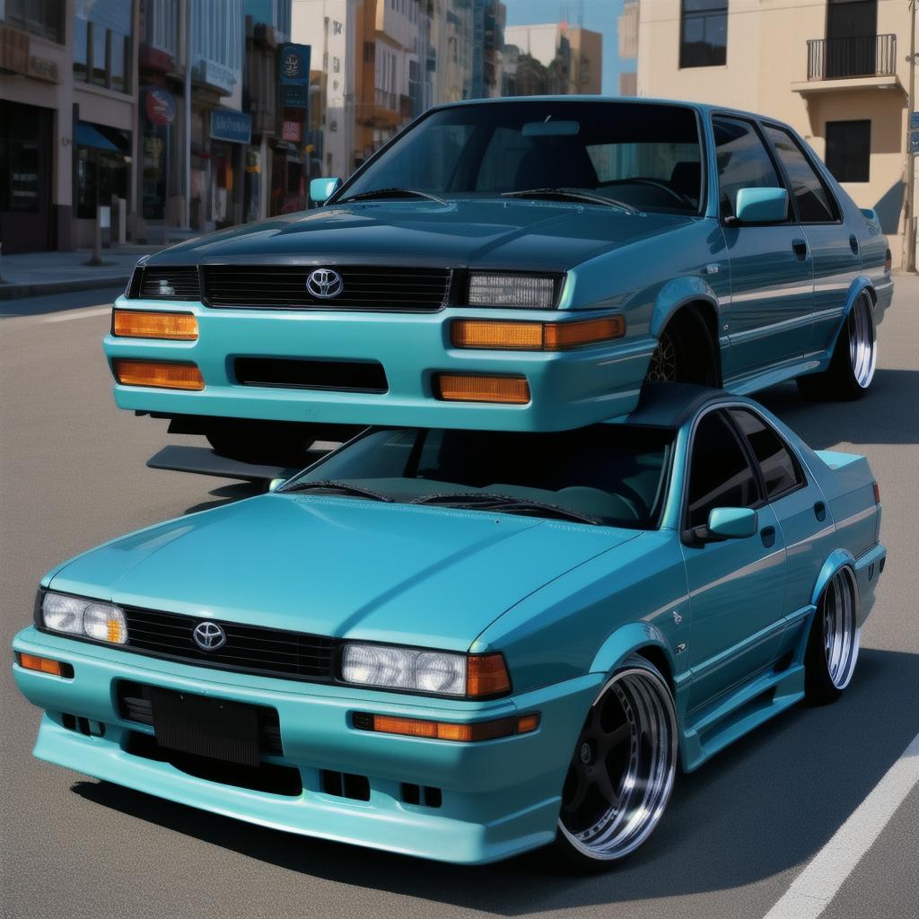  1995 x80 toyota cressida, wide body, slammed, stanced, 17x11 wheels, light blue, bbs wheels, photo realistic, highly intricate and detailed, masterpiece, ultra high res,photography,8k resolution