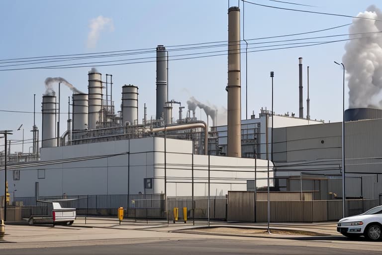  *8. Ace Chemicals Plant* Design a street view image of the Ace Chemicals Plant's exterior, highlighting its industrial structure, smokestacks, and hazardous surroundings.