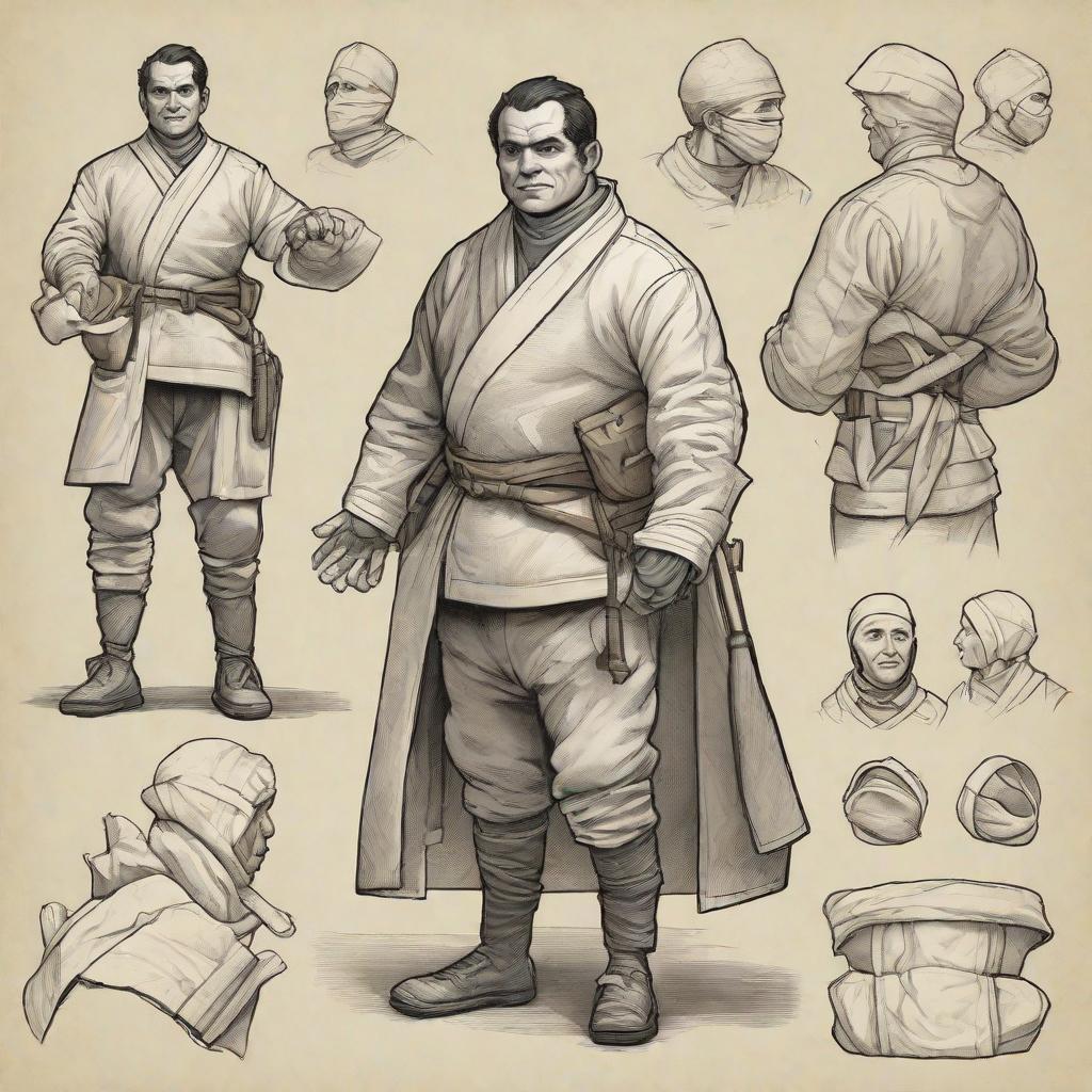  Dr. Mondo's characteristics include his rotund figure and the bandages wrapped around him. Detail Description: Based on the sketch, add details such as how the bandage is wrapped, facial expressions (crazy smile) and wearing white marks. Dynamic performance: Consider the actions of the little hero, such as shaking while walking.