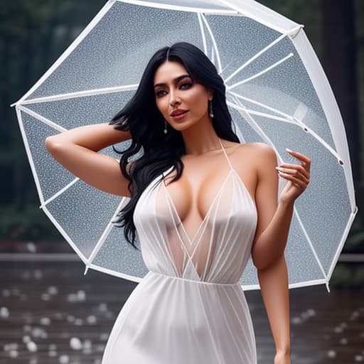  beautiful turkish woman with long black hair dancing happily in torrential rain wearing a sheer white gossamer silk silk dress with a daring plunging neckline and getting completely soaked and clinging to her body hyperrealistic, full body, detailed clothing, highly detailed, cinematic lighting, stunningly beautiful, intricate, sharp focus, f/1. 8, 85mm, (centered image composition), (professionally color graded), ((bright soft diffused light)), volumetric fog, trending on instagram, trending on tumblr, HDR 4K, 8K