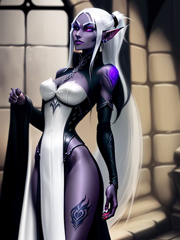  drow. dark elf. elf ears. night elf. dnd. women. ponytail hairstyle. long hair. white hair. silk dress slim. leather corset. mysterious smile. middle ages. many tattoos. european. full length image. obsidian skin. dark purple skin. dark gray skin. shaved temples. fantasy. white tattoos. sly look. criminal. piercing. moonlight. tall. some muscle. european face. castle wall. detailed face. stand full length. uhd, (high quality).