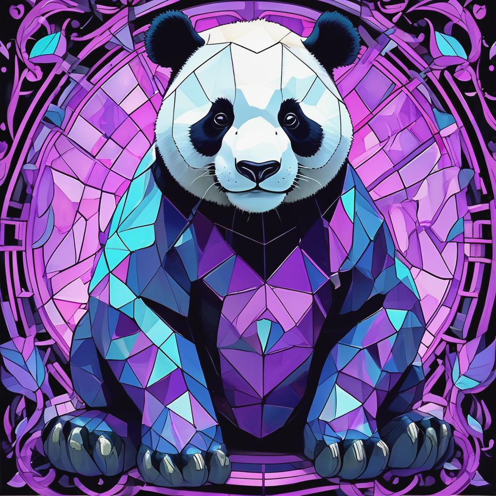  "a portrait of a big full body smiling panda head, viewed from the front, with the panda looking directly into the camera. the pandas head is artistically crafted from stained glass in shades of purple and cyan. the glass is meticulously designed to give the illusion of being shattered, creating an intricate mosaic effect that captures the light and gives the panda body a dynamic, fragmented appearance."