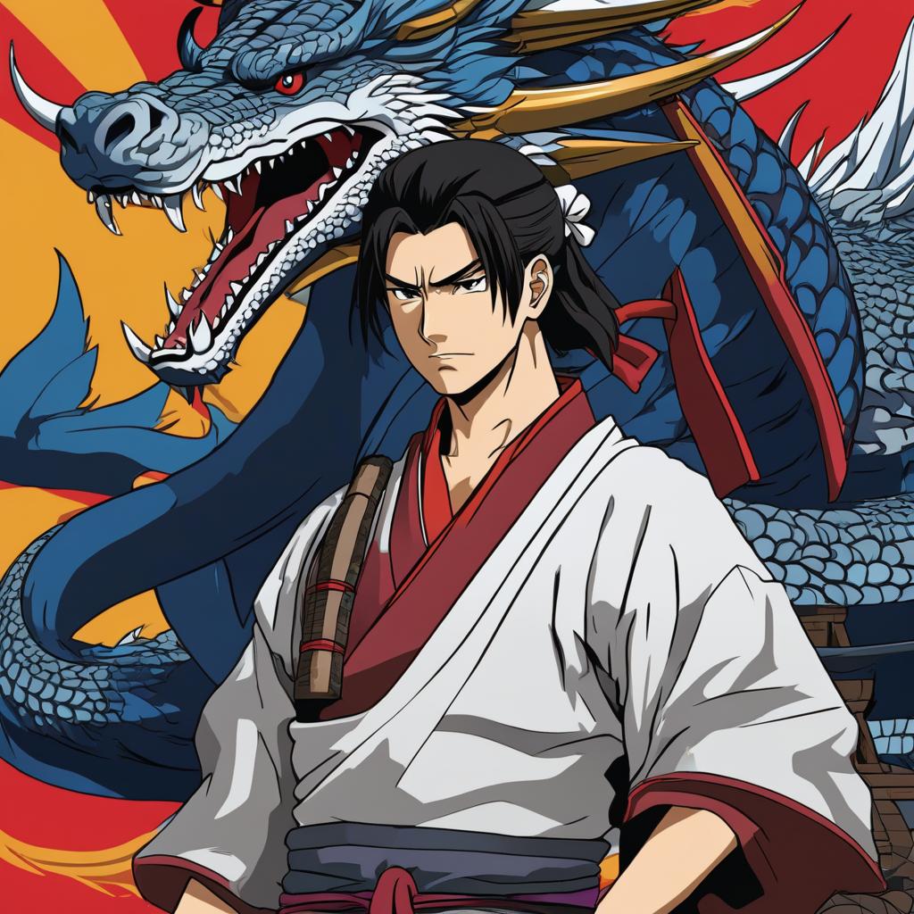  modern samurai in front of a huge dragon, anime artwork, anime style, key visual, vibrant, studio anime, highly detailed