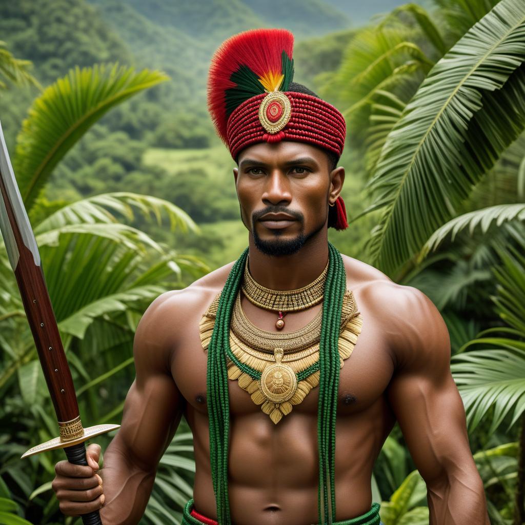  An image depicting Guyana warriors, showcasing their traditional attire, weapons, and a majestic background of lush green forests or historical landscapes. The warriors should appear strong and formidable, with intricate details on their clothing and weapons, rooted in the cultural heritage of Guyana. hyperrealistic, full body, detailed clothing, highly detailed, cinematic lighting, stunningly beautiful, intricate, sharp focus, f/1. 8, 85mm, (centered image composition), (professionally color graded), ((bright soft diffused light)), volumetric fog, trending on instagram, trending on tumblr, HDR 4K, 8K