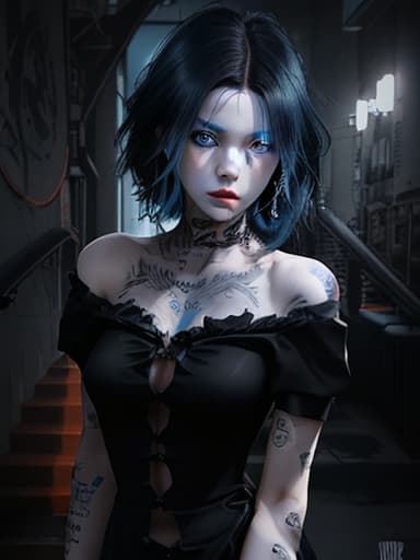  a beautiful, cool, cute woman wearing a black dress, shoulder length blue hair, blue eyes, and a full tattoo on her arm. black glue for tone control