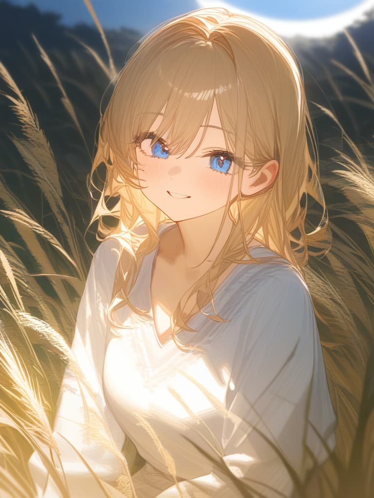  blond, girl, blue eyes, moon watching, pampas grass, smiling, rabbit, masterpiece, best quality,8k,ultra detailed,high resolution,an extremely delicate and beautiful,hyper detail