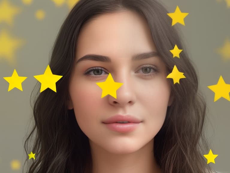  a beautiful young woman leaves a review on a website in the form of five yellow stars