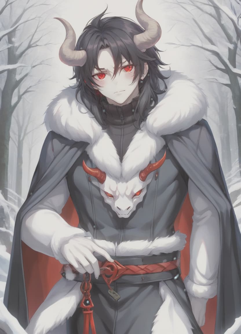  anime artwork man demon, red horns, red eyes, black long hair, winter clothes . anime style, key visual, vibrant, studio anime, highly detailed, sticker