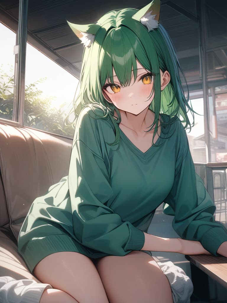  girls, plain clothes, loose socks, wolf ears, medium hair, green cardigan, green hair, yellow eyes, masterpiece, best quality,8k,ultra detailed,high resolution,an extremely delicate and beautiful,hyper detail