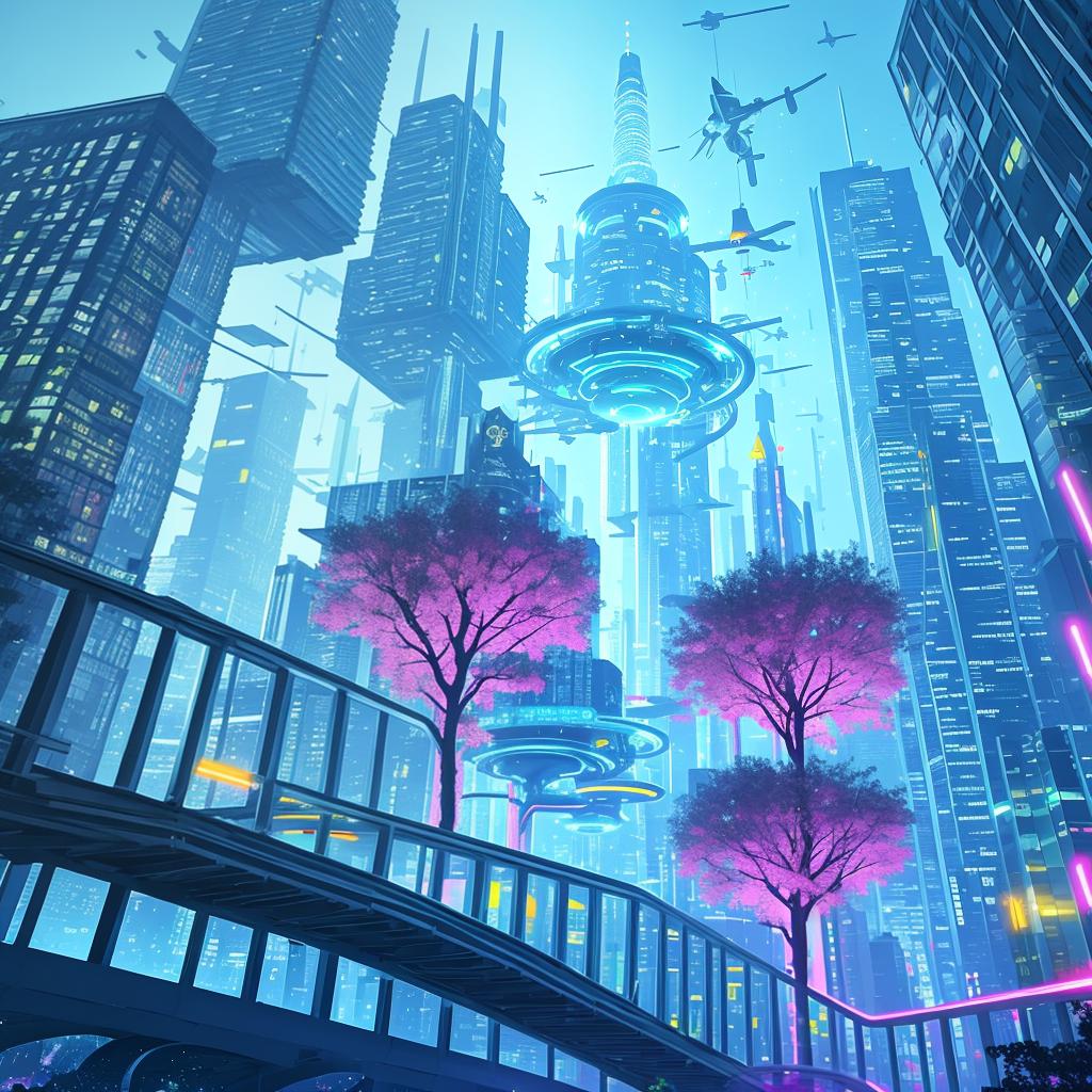  with vibrant abstract elements, A futuristic cityscape with floating, bioluminescent trees and flying cars