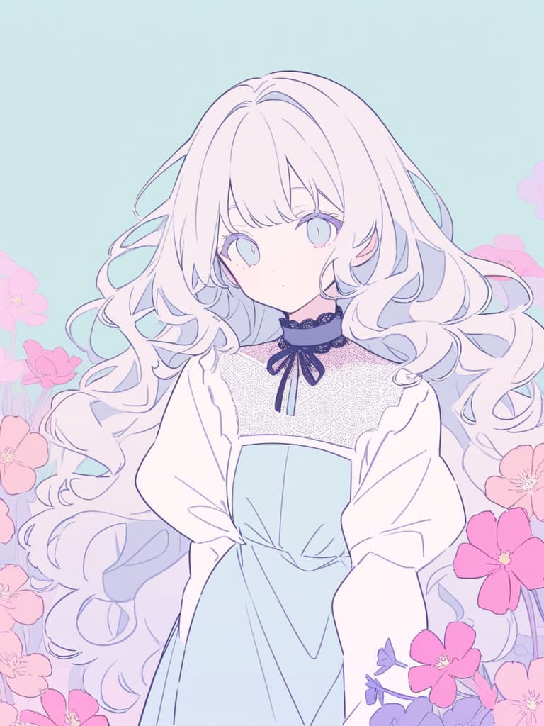  best of the best,flat color,pink solo,sheep beast girl,fluffy hair,long curly hair,light blue eye color,old style,lace round neck collar,long puff sleeves,ribbon,fuzzy dress dress,wide hem,(((pastel color))),gentle color,cosmos flower,high quality,16k