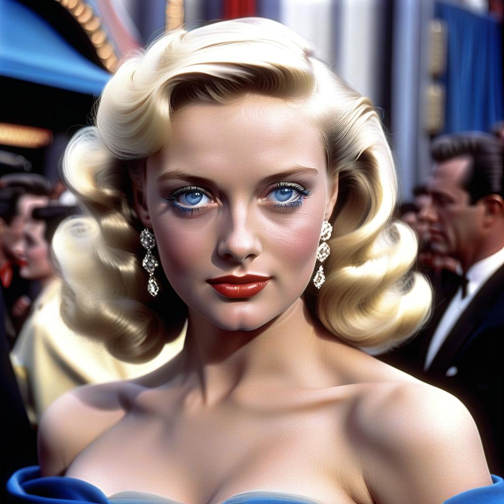  blonde, with blue eyes, famous actress at the premiere in hollywood, 1950, in full growth