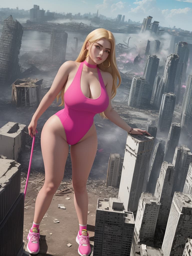  masterpiece, best quality, a giantess with arched eyebrows and a smirk, wearing a hot pink solid color one piece with high cut legs and side , stands among the destruction of a city. her huge s and wide hips contrast with her sneakers, hoop earrings, and long blonde hair. the cracks on the ground emphasize her mive size as she looks down at the crushed buildings below. the aerial view captures the full body of the in 8k resolution, creating a best quality masterpiece of destruction and power. (photography, dramatic lighting, high resolution camera settings)