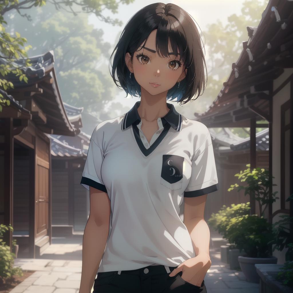  (((anime full torso frontal head shot of a light tan skin tone woman))), da eun nari cho, ((korean heritage)), immature face, brown eye color, ((short hair style)), ((black hair color)), (( body type)), small size, small size, (immature small rounded nose), (immature high cheekbones), (immature smooth jawline), (immature medium lips), (immature broad forehead), (immature natural eyebrows), (immature dimpled chin), standing straight looking directly into the camera,((wearing fitted polo shirt with deep v neck and monogrammed pocket)), backyard in background, 1girl, best quality, highest quality, award winning photo, masterpiece, raw, professional photography, photorealism, sharp focus, cinematic, high resolution, sharp hyperrealistic, full body, detailed clothing, highly detailed, cinematic lighting, stunningly beautiful, intricate, sharp focus, f/1. 8, 85mm, (centered image composition), (professionally color graded), ((bright soft diffused light)), volumetric fog, trending on instagram, trending on tumblr, HDR 4K, 8K